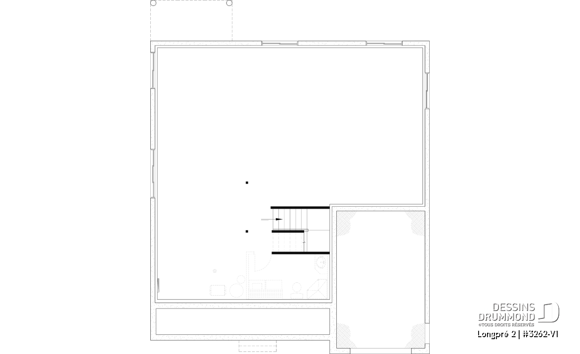 Sous-sol aménageable - Plan de maison Farmhouse plain-pied moderne avec garage, foyer et sous-sol optionnel - Longpré 2