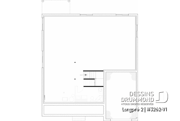 Sous-sol aménageable du plan de maison unifamiliale 3262-V1 Sous-sol aménageable - Plan de maison Farmhouse plain-pied moderne avec garage, foyer et sous-sol optionnel - Longpré 2