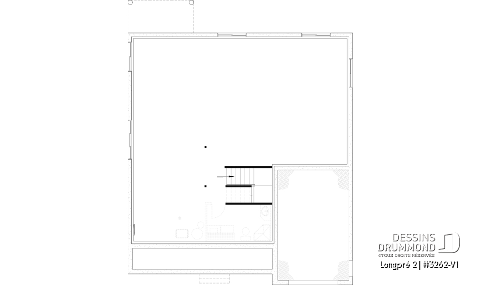 Sous-sol aménageable - Plan de maison Farmhouse plain-pied moderne avec garage, foyer et sous-sol optionnel - Longpré 2
