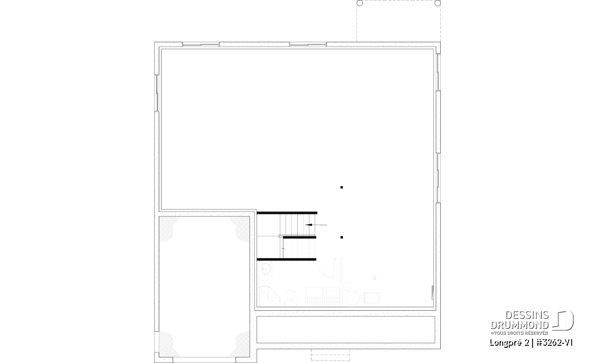 Sous-sol aménageable - Plan de maison Farmhouse plain-pied moderne avec garage, foyer et sous-sol optionnel - Longpré 2