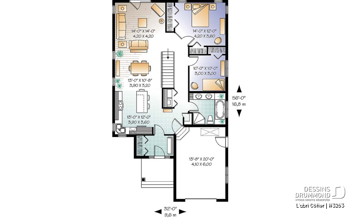 Rez-de-chaussée - Plan de maison plain-pied économique champêtre, 2 chambres, îlot de cuisine, sous-sol aménageable - L'abri Côtier