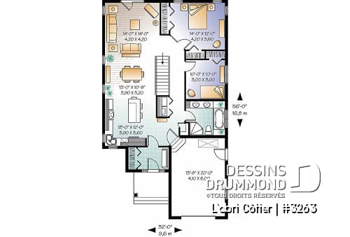 Rez-de-chaussée - Plan de maison plain-pied économique champêtre, 2 chambres, îlot de cuisine, sous-sol aménageable - L'abri Côtier