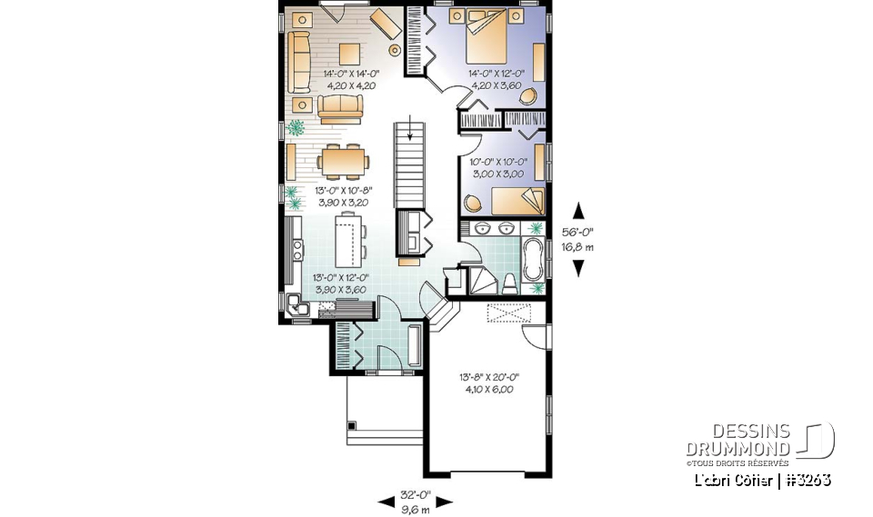 Rez-de-chaussée - Plan de maison plain-pied économique champêtre, 2 chambres, îlot de cuisine, sous-sol aménageable - L'abri Côtier
