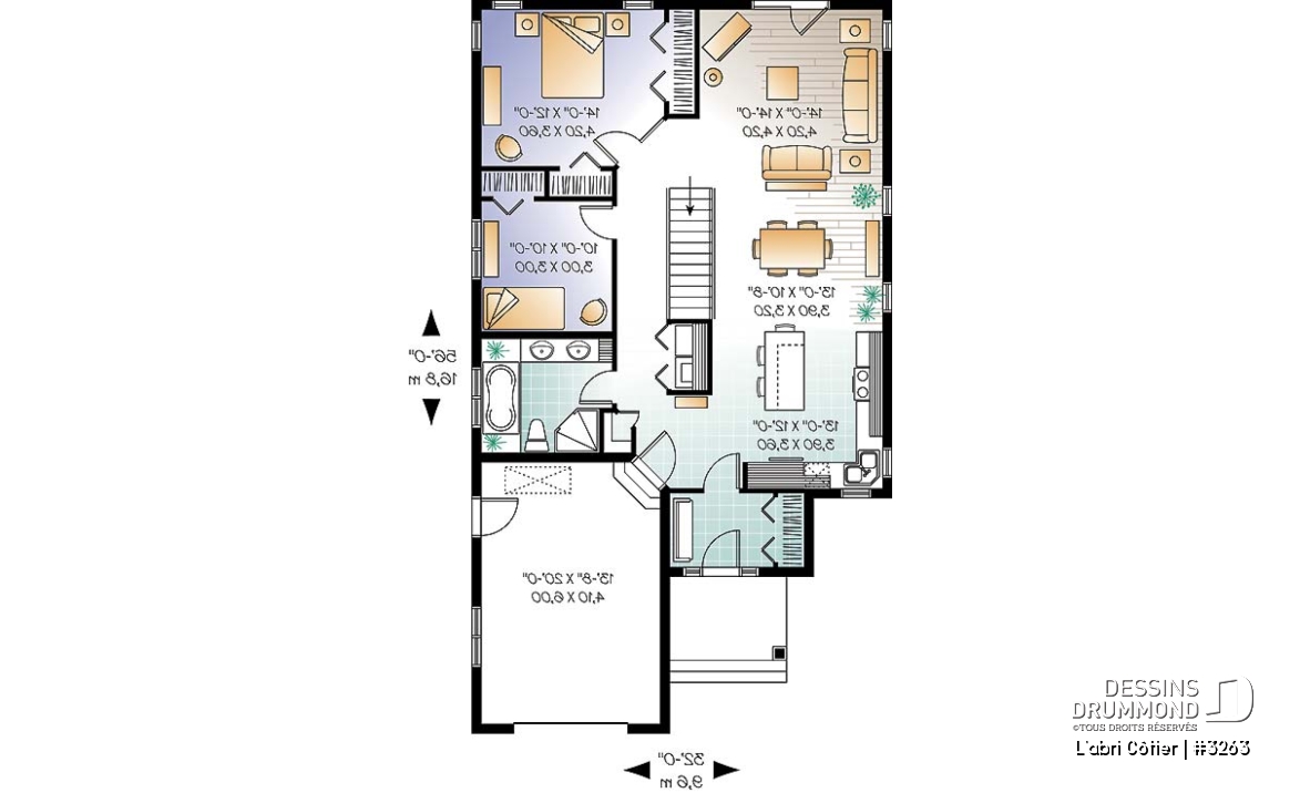 Rez-de-chaussée - Plan de maison plain-pied économique champêtre, 2 chambres, îlot de cuisine, sous-sol aménageable - L'abri Côtier