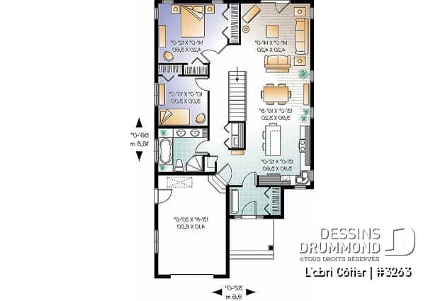 Rez-de-chaussée - Plan de maison plain-pied économique champêtre, 2 chambres, îlot de cuisine, sous-sol aménageable - L'abri Côtier