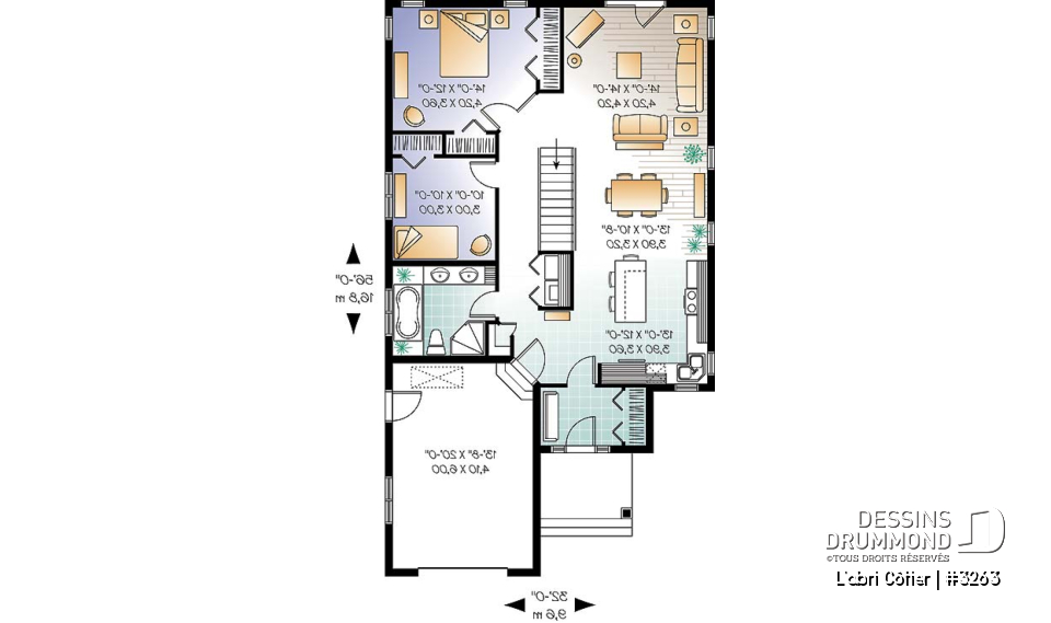 Rez-de-chaussée - Plan de maison plain-pied économique champêtre, 2 chambres, îlot de cuisine, sous-sol aménageable - L'abri Côtier