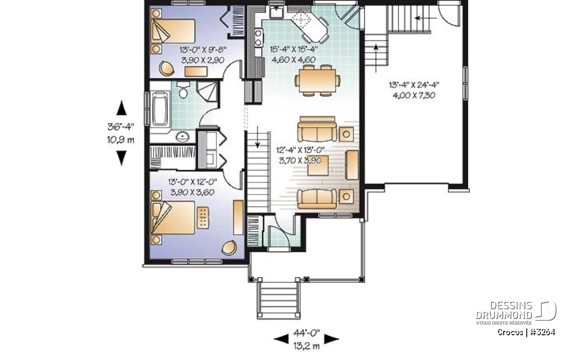 Rez-de-chaussée - Plan de maison Craftsman, grande galerie, vestibule, 2 chambres, garage accès au s-s - Crocus