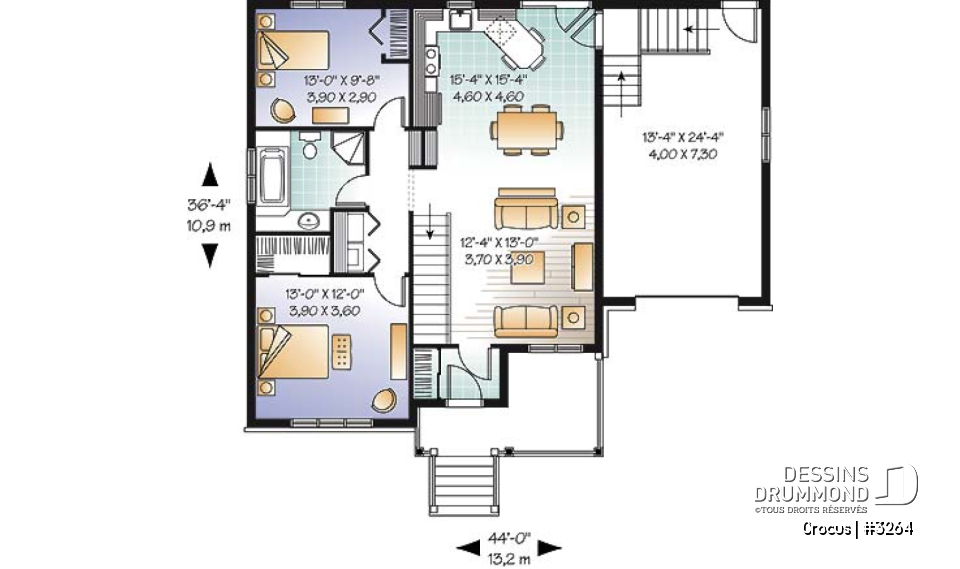 Rez-de-chaussée - Plan de maison Craftsman, grande galerie, vestibule, 2 chambres, garage accès au s-s - Crocus