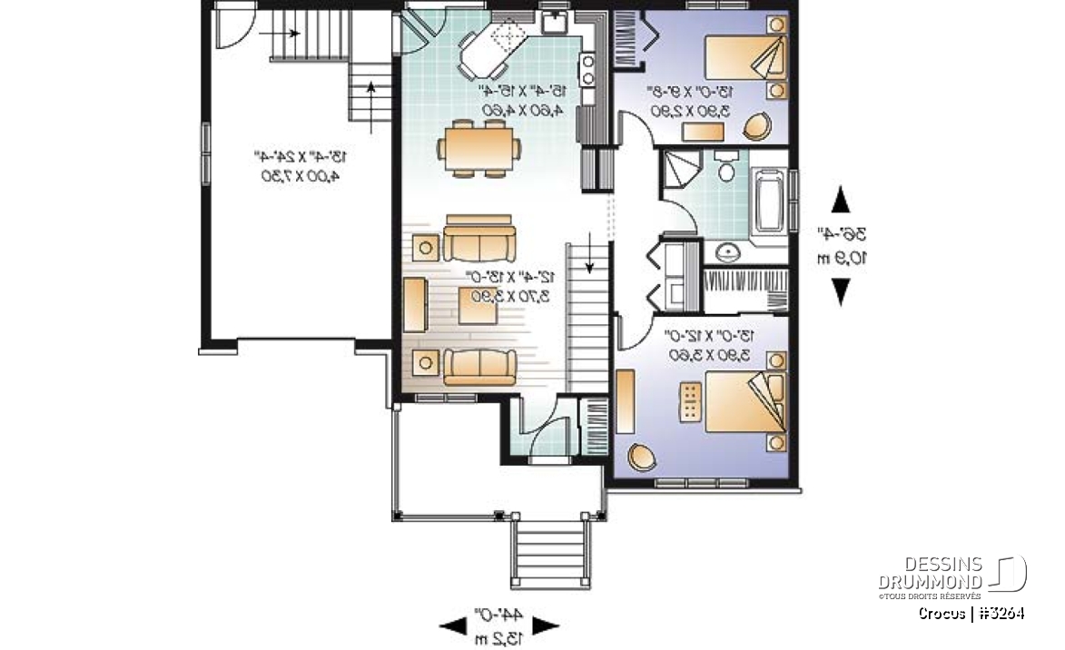 Rez-de-chaussée - Plan de maison Craftsman, grande galerie, vestibule, 2 chambres, garage accès au s-s - Crocus