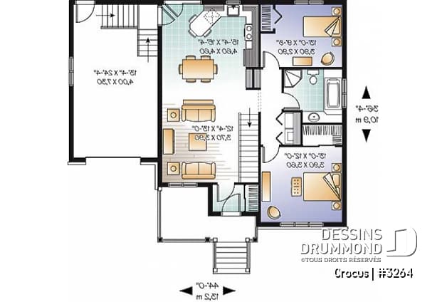 Rez-de-chaussée - Plan de maison Craftsman, grande galerie, vestibule, 2 chambres, garage accès au s-s - Crocus