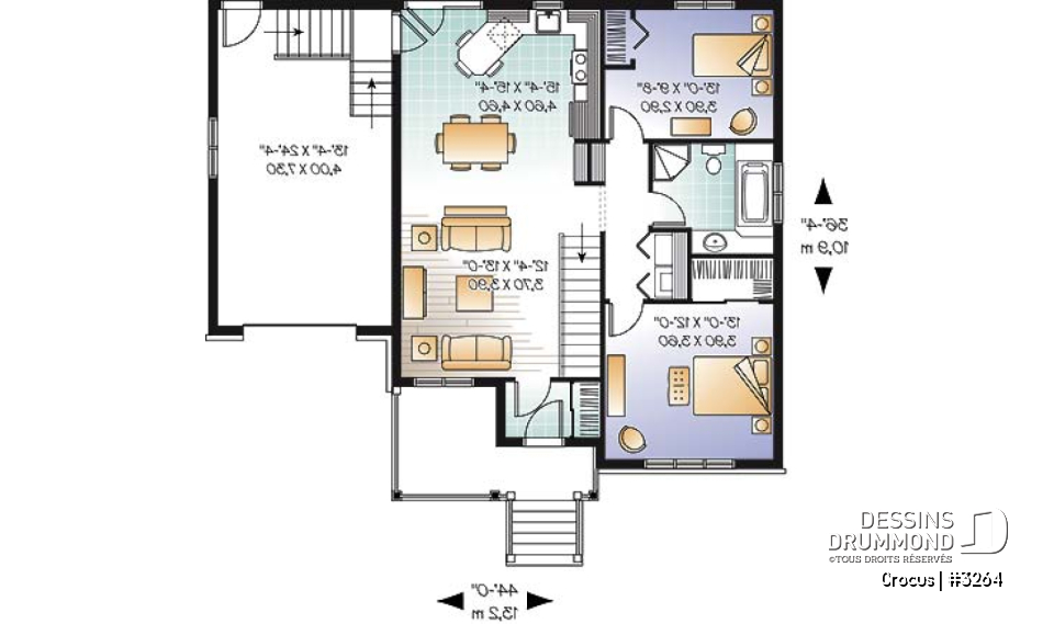 Rez-de-chaussée - Plan de maison Craftsman, grande galerie, vestibule, 2 chambres, garage accès au s-s - Crocus