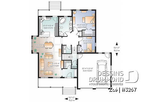 Rez-de-chaussée - Plan de maison de style craftsman avec garage double, 2 chambres, plancher spacieux - Zoé