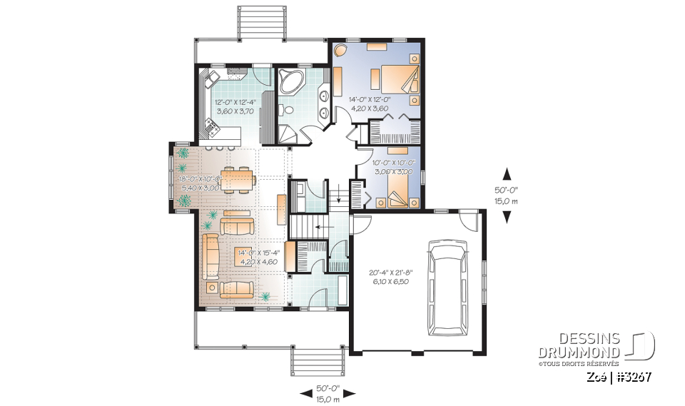 Rez-de-chaussée - Plan de maison de style craftsman avec garage double, 2 chambres, plancher spacieux - Zoé