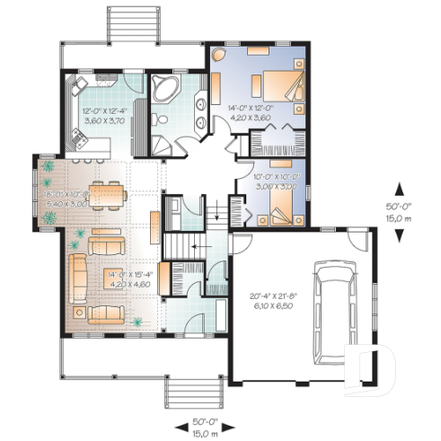Rez-de-chaussée - Plan de maison de style craftsman avec garage double, 2 chambres, plancher spacieux - Zoé