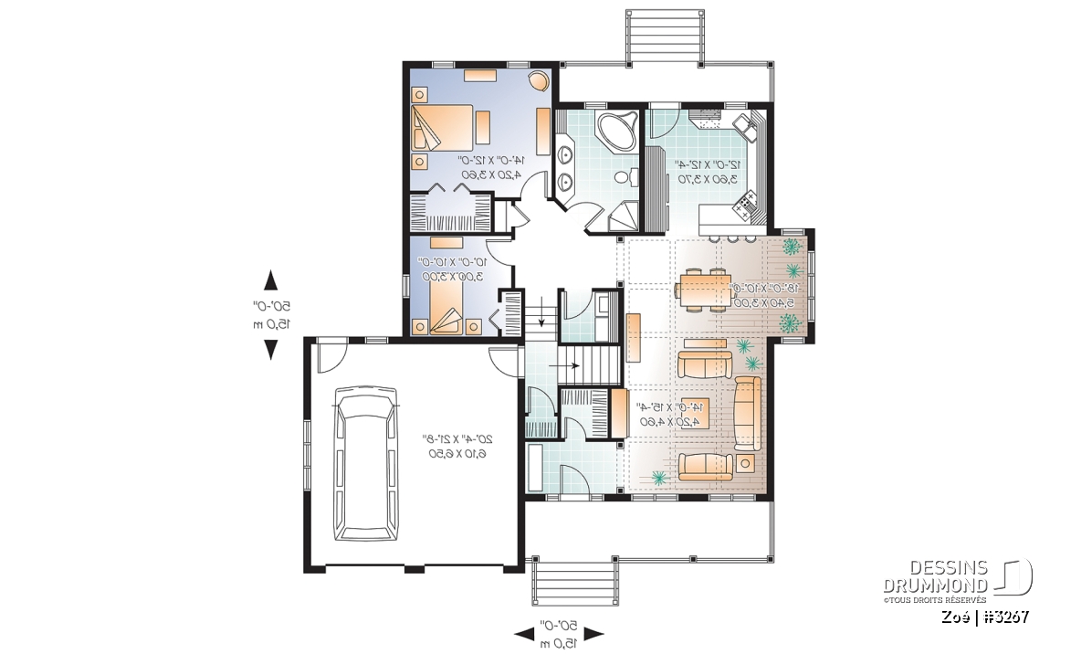 Rez-de-chaussée - Plan de maison de style craftsman avec garage double, 2 chambres, plancher spacieux - Zoé