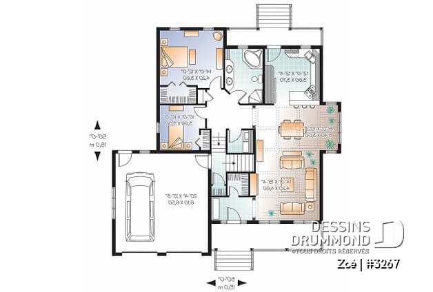 Rez-de-chaussée - Plan de maison de style craftsman avec garage double, 2 chambres, plancher spacieux - Zoé