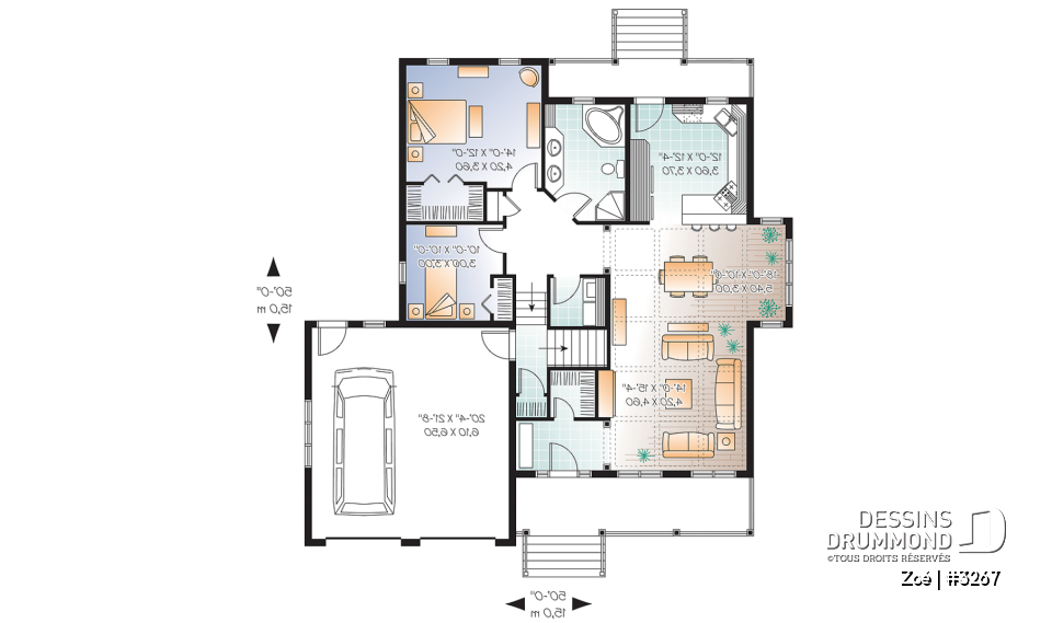 Rez-de-chaussée - Plan de maison de style craftsman avec garage double, 2 chambres, plancher spacieux - Zoé