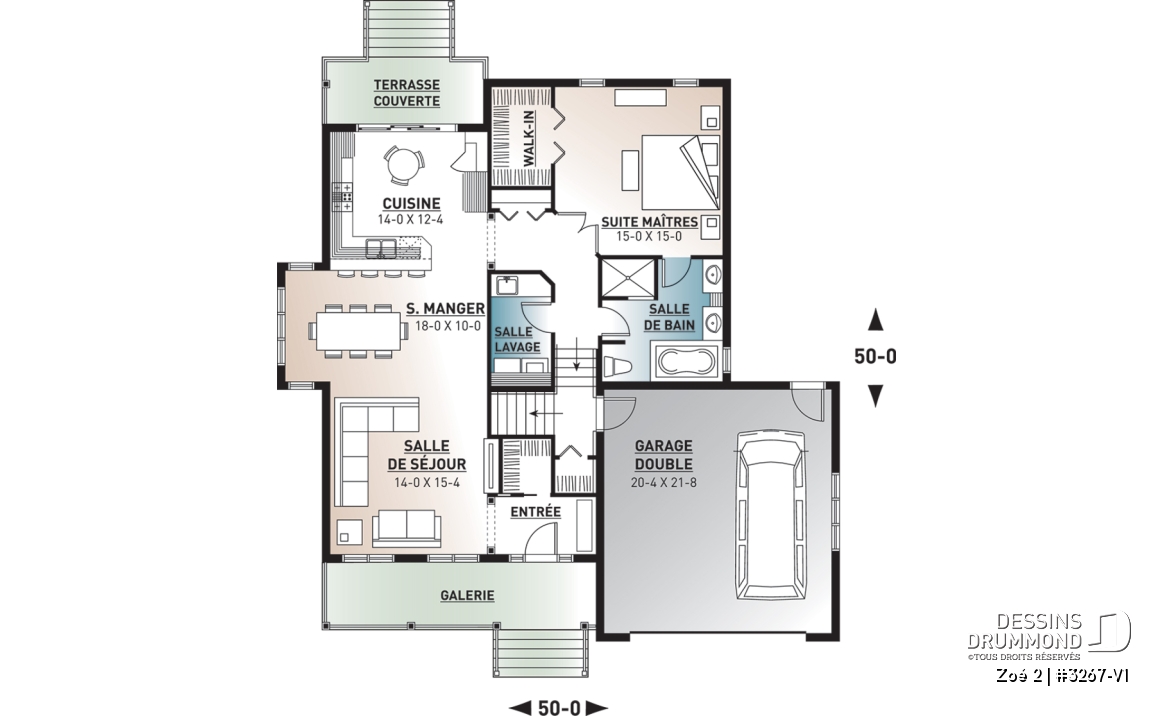 Rez-de-chaussée - Plan plain-pied 1 à 4 chambres, garage double, chambre parents au r-d-c, salle de lavage au RDC - Zoé 2