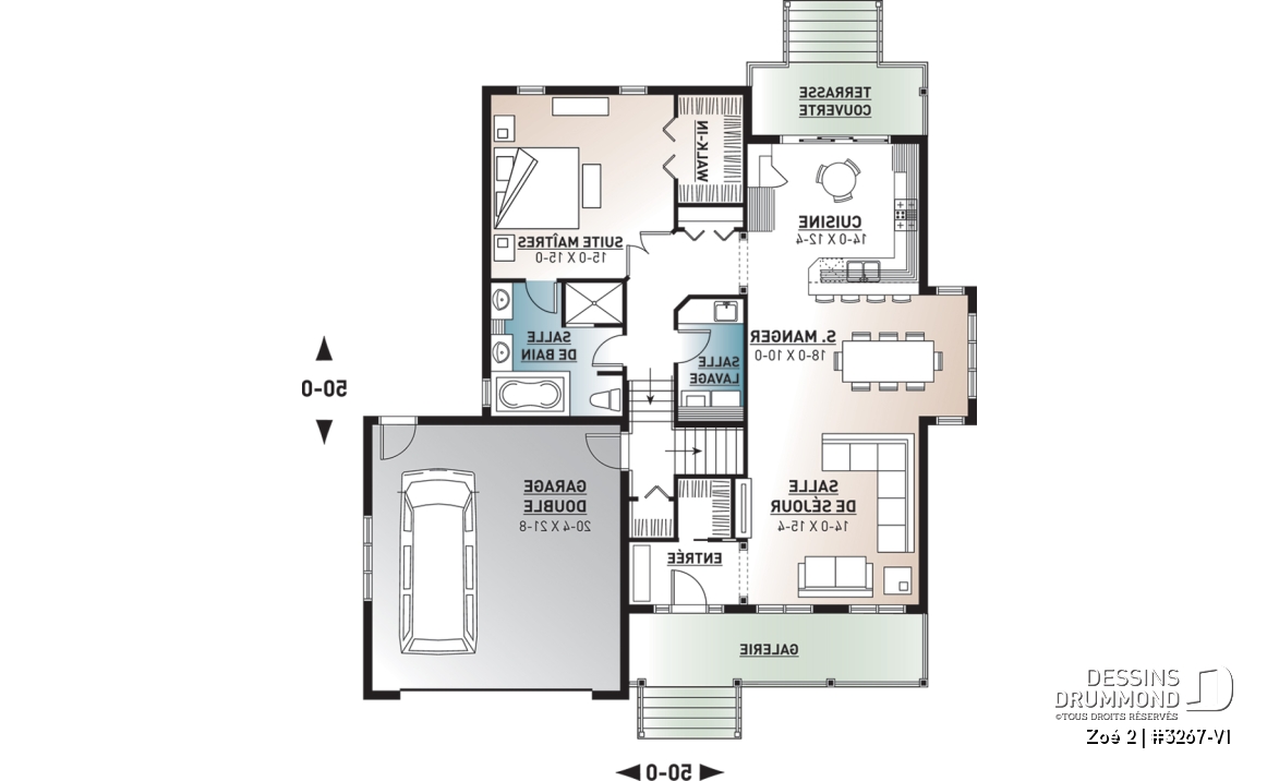 Rez-de-chaussée - Plan plain-pied 1 à 4 chambres, garage double, chambre parents au r-d-c, salle de lavage au RDC - Zoé 2