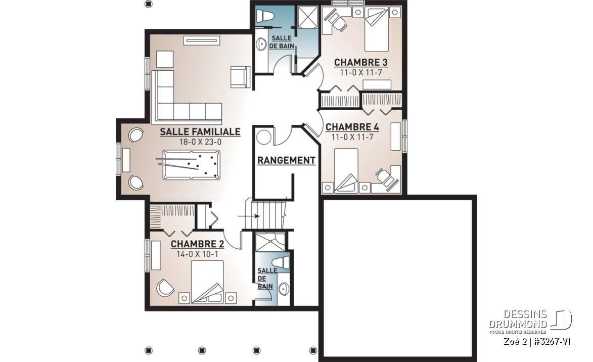 Sous-sol - Plan plain-pied 1 à 4 chambres, garage double, chambre parents au r-d-c, salle de lavage au RDC - Zoé 2