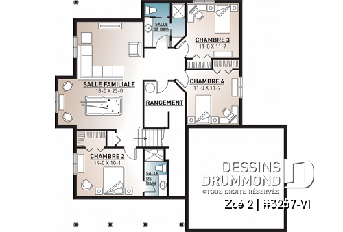 Sous-sol - Plan plain-pied 1 à 4 chambres, garage double, chambre parents au r-d-c, salle de lavage au RDC - Zoé 2