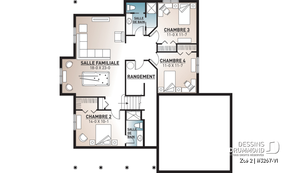Sous-sol - Plan plain-pied 1 à 4 chambres, garage double, chambre parents au r-d-c, salle de lavage au RDC - Zoé 2