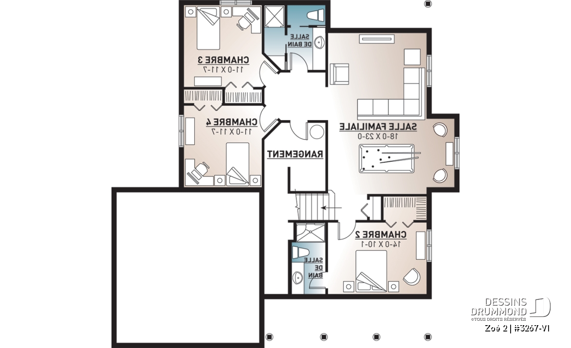 Sous-sol - Plan plain-pied 1 à 4 chambres, garage double, chambre parents au r-d-c, salle de lavage au RDC - Zoé 2