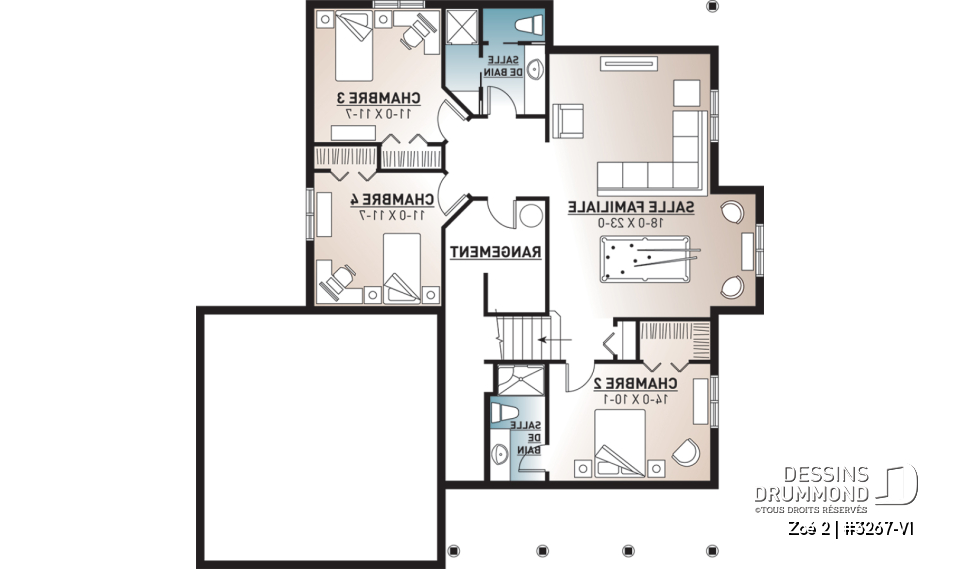 Sous-sol - Plan plain-pied 1 à 4 chambres, garage double, chambre parents au r-d-c, salle de lavage au RDC - Zoé 2