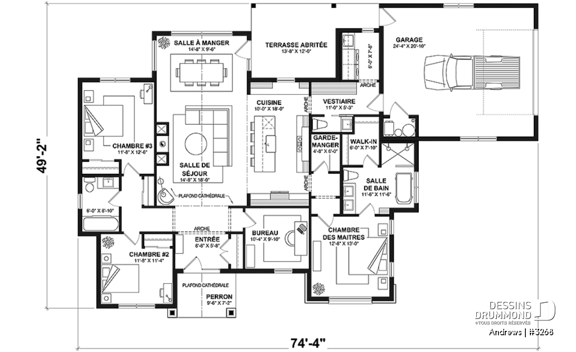 Rez-de-chaussée - Modèle plain-pied de 3 chambres avec bureau, maison sur dalle ou avec s-sol, inspiration belge, garage double - Andrews