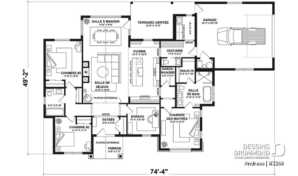 Rez-de-chaussée - Fondation dalle - Modèle plain-pied de 3 chambres avec bureau, maison sur dalle ou avec s-sol, inspiration belge, garage double - Andrews