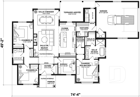 Rez-de-chaussée - Fondation dalle - Modèle plain-pied de 3 chambres avec bureau, maison sur dalle ou avec s-sol, inspiration belge, garage double - Andrews