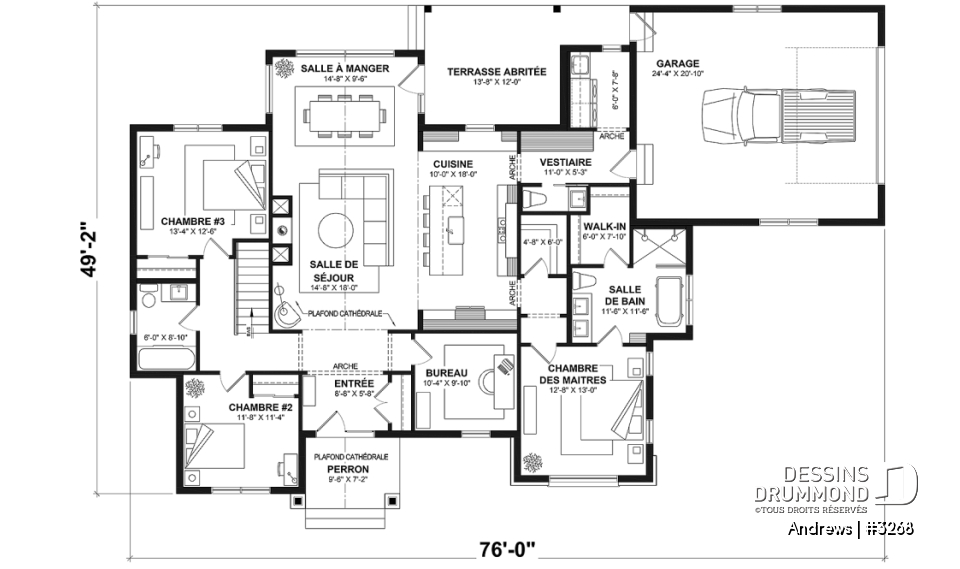 Rez-de-chaussée - Fondation sous-sol (Optionel $) - Modèle plain-pied de 3 chambres avec bureau, maison sur dalle ou avec s-sol, inspiration belge, garage double - Andrews