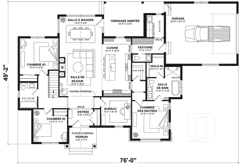 Rez-de-chaussée - Fondation sous-sol (Optionel $) - Modèle plain-pied de 3 chambres avec bureau, maison sur dalle ou avec s-sol, inspiration belge, garage double - Andrews