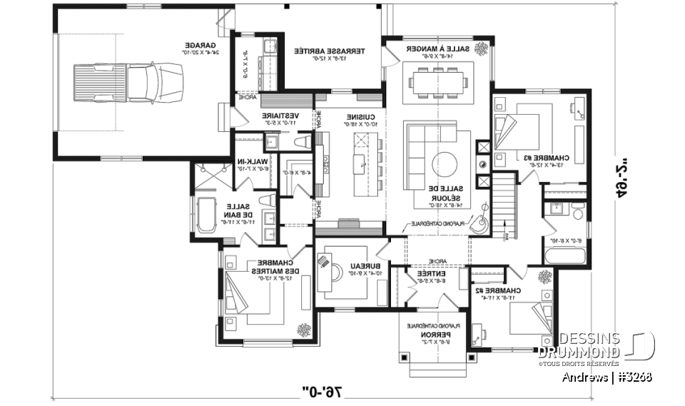 Rez-de-chaussée - Fondation sous-sol (Optionel $) - Modèle plain-pied de 3 chambres avec bureau, maison sur dalle ou avec s-sol, inspiration belge, garage double - Andrews