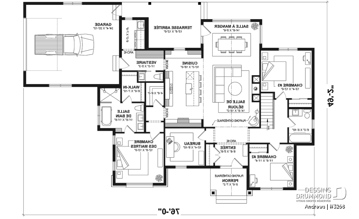 Rez-de-chaussée (Optionel $) - Modèle plain-pied de 3 chambres avec bureau, maison sur dalle ou avec s-sol, inspiration belge, garage double - Andrews