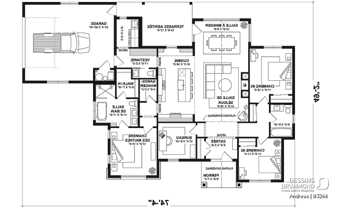 Rez-de-chaussée - Modèle plain-pied de 3 chambres avec bureau, maison sur dalle ou avec s-sol, inspiration belge, garage double - Andrews
