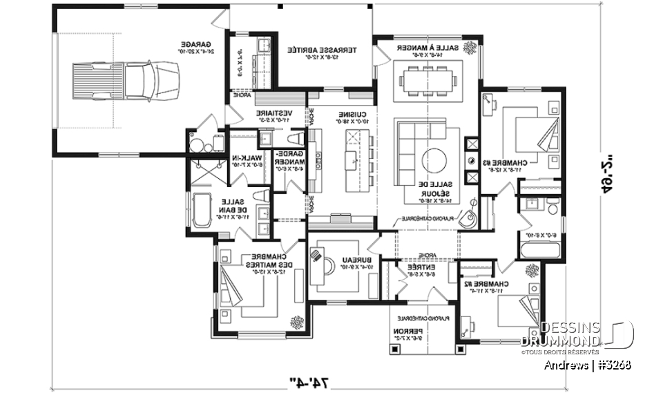 Rez-de-chaussée - Modèle plain-pied de 3 chambres avec bureau, maison sur dalle ou avec s-sol, inspiration belge, garage double - Andrews