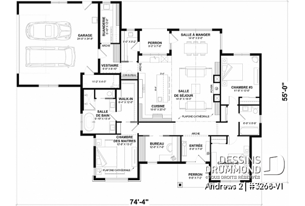 Rez-de-chaussée du plan de maison unifamiliale 3268-V1 Rez-de-chaussée - Plan résidentiel de type plain-pied moderne, superbe suite parentale, garage double et options de fondation - Andrews 2