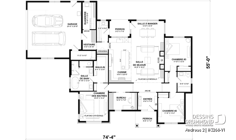 Rez-de-chaussée - Fondation dalle - Plan résidentiel de type plain-pied moderne, superbe suite parentale, garage double et options de fondation - Andrews 2