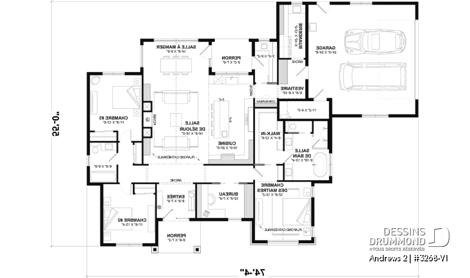 Rez-de-chaussée - Fondation dalle - Plan résidentiel de type plain-pied moderne, superbe suite parentale, garage double et options de fondation - Andrews 2