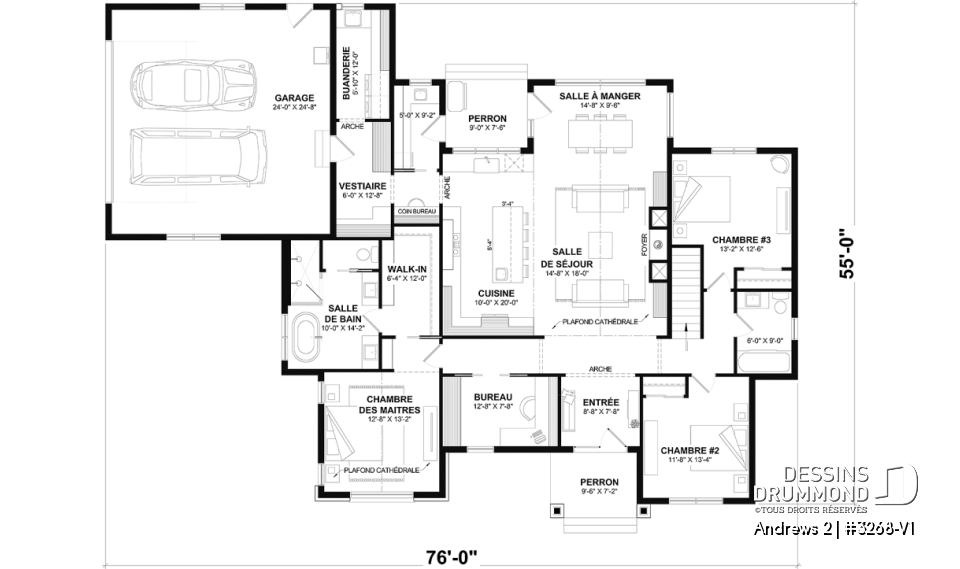 Rez-de-chaussée - Fondation sous-sol (Optionel $) - Plan résidentiel de type plain-pied moderne, superbe suite parentale, garage double et options de fondation - Andrews 2
