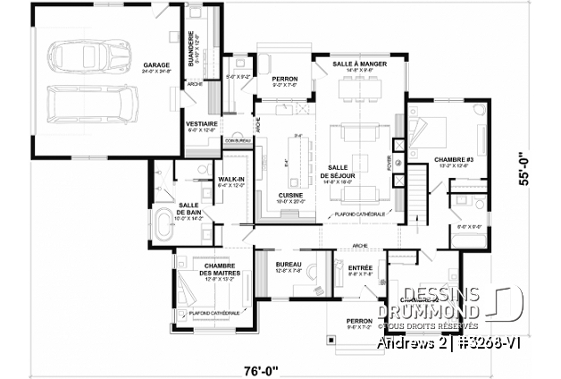 Rez-de-chaussée (Optionel $) du plan de maison unifamiliale 3268-V1 Rez-de-chaussée (Optionel $) - Plan résidentiel de type plain-pied moderne, superbe suite parentale, garage double et options de fondation - Andrews 2