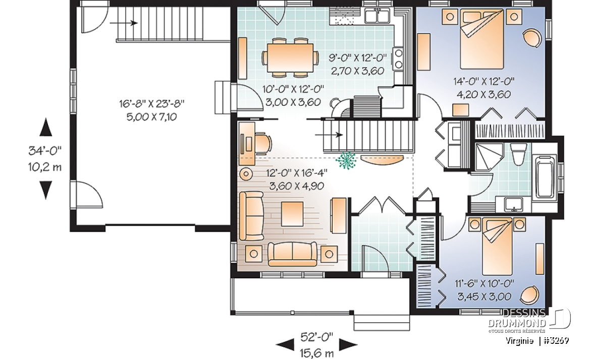 Rez-de-chaussée - Modèle de plain-pied avec garage, 2 chambres, coin bureau, cuisine avec garde-manger, buanderie au rdc. - Virginie 