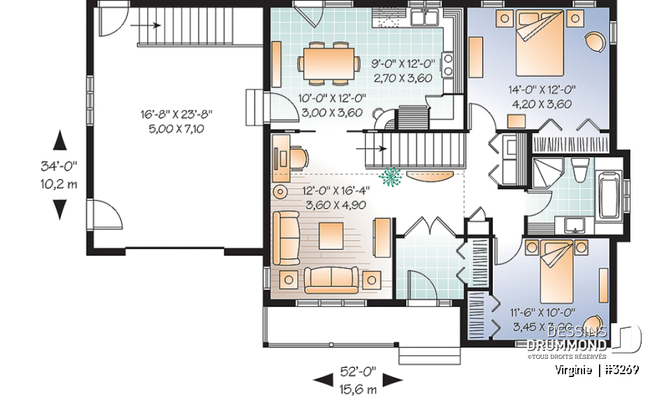 Rez-de-chaussée - Modèle de plain-pied avec garage, 2 chambres, coin bureau, cuisine avec garde-manger, buanderie au rdc. - Virginie 