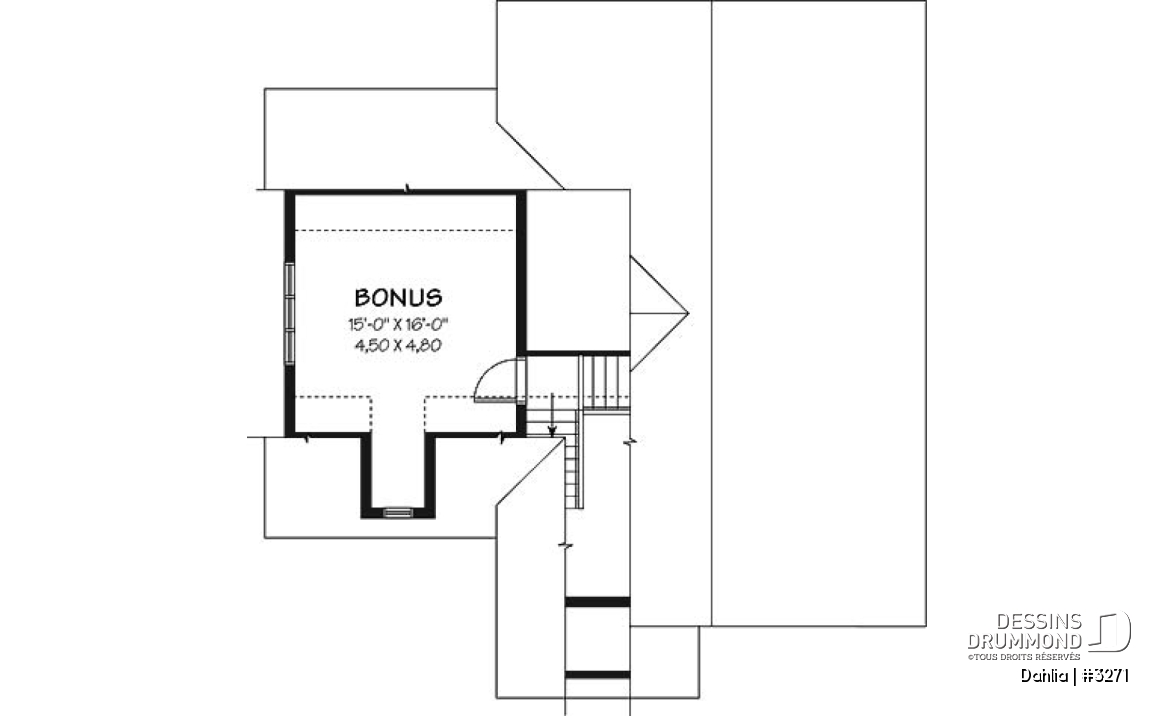 Espace boni - Plan de bungalow champêtre avec garage, 1 à 2 chambres, espace ouvert, îlot, superbe fenestration - Dahlia