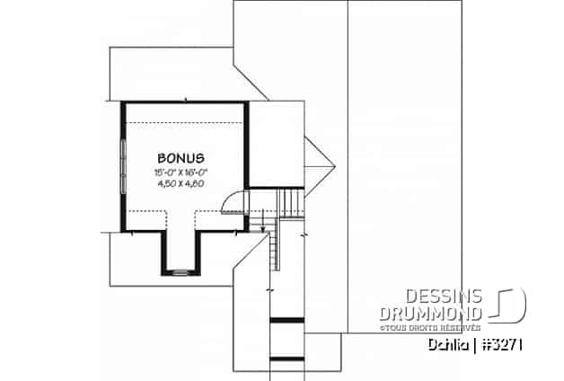 Espace boni - Plan de bungalow champêtre avec garage, 1 à 2 chambres, espace ouvert, îlot, superbe fenestration - Dahlia