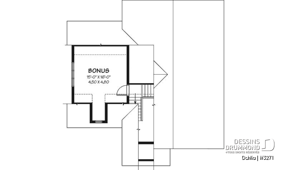 Espace boni - Plan de bungalow champêtre avec garage, 1 à 2 chambres, espace ouvert, îlot, superbe fenestration - Dahlia
