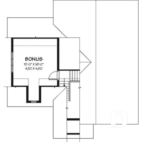 Espace boni - Plan de bungalow champêtre avec garage, 1 à 2 chambres, espace ouvert, îlot, superbe fenestration - Dahlia