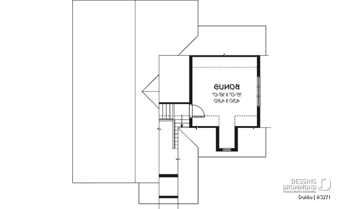 Espace boni - Plan de bungalow champêtre avec garage, 1 à 2 chambres, espace ouvert, îlot, superbe fenestration - Dahlia