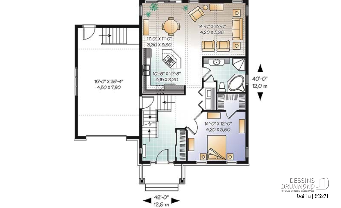 Rez-de-chaussée - Plan de bungalow champêtre avec garage, 1 à 2 chambres, espace ouvert, îlot, superbe fenestration - Dahlia